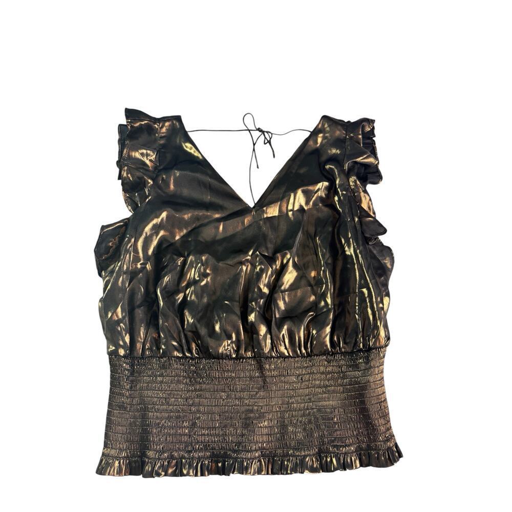 Nine West Top XL Black Gold Metallic Ruffle Sleeve Smocked Waist Party Blouse